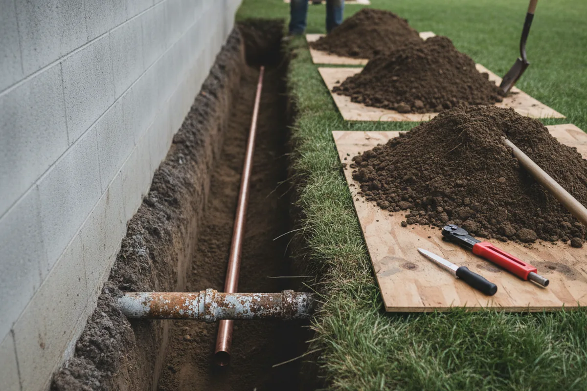 Excavated water line trench during Water Softener Installation in Schererville
